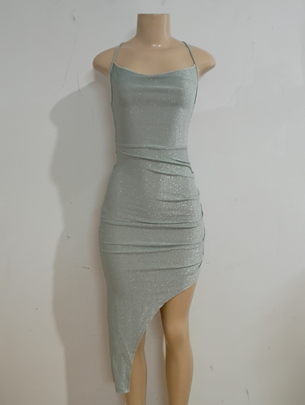 SHEIN Light Silver Asymmetric Sparkle Slip Dress